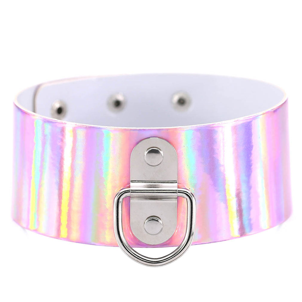 Punk D Ring Holographic Choker Laser Faux Leather Collar Night Club Necklace