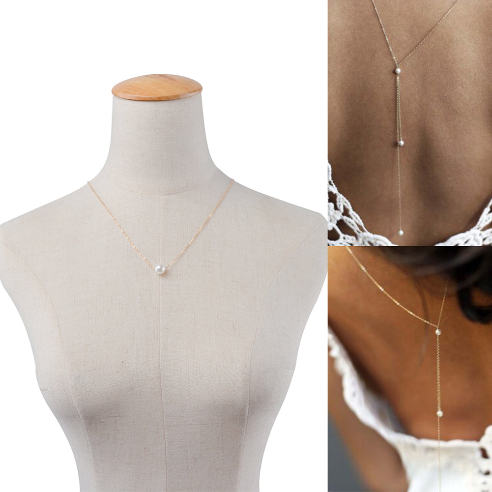 Women Back Pendant Necklace Long Alloy Chain Fashion Jewelry Faux Pearl Beads