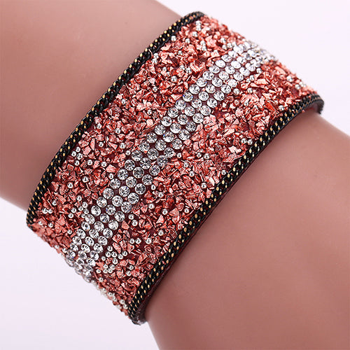 Women's Faux Leather Shiny Rhinestone Bangle Metal Button Wide Band Bracelet