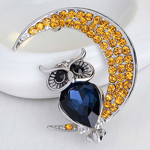 Women Fashion Rhinestone Owl Moon Brooch Jewelry Clothing Accessories Xmas Gift