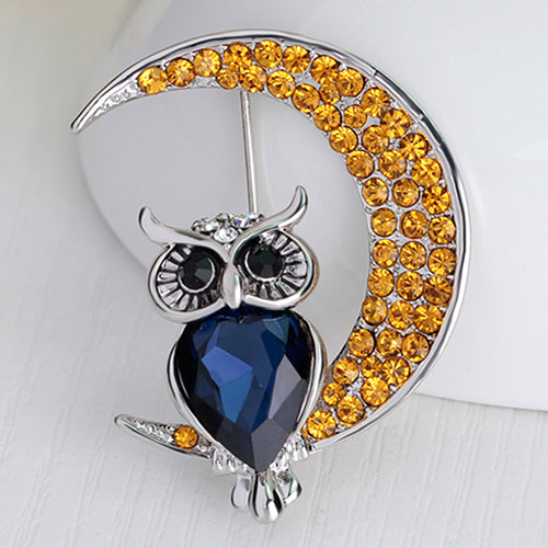 Women Fashion Rhinestone Owl Moon Brooch Jewelry Clothing Accessories Xmas Gift
