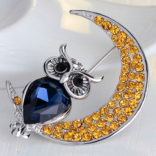 Women Fashion Rhinestone Owl Moon Brooch Jewelry Clothing Accessories Xmas Gift