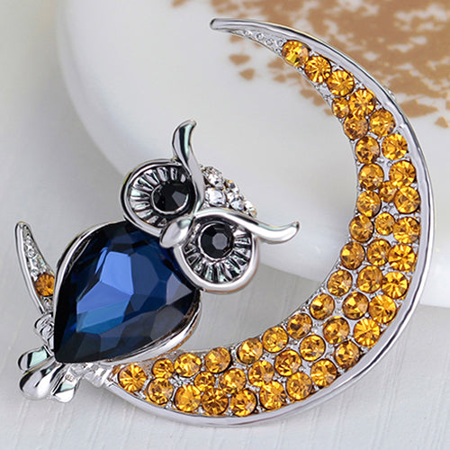 Women Fashion Rhinestone Owl Moon Brooch Jewelry Clothing Accessories Xmas Gift