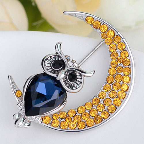 Women Fashion Rhinestone Owl Moon Brooch Jewelry Clothing Accessories Xmas Gift