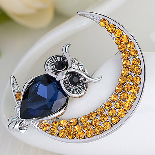 Women Fashion Rhinestone Owl Moon Brooch Jewelry Clothing Accessories Xmas Gift