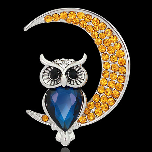 Women Fashion Rhinestone Owl Moon Brooch Jewelry Clothing Accessories Xmas Gift