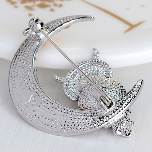 Women Fashion Rhinestone Owl Moon Brooch Jewelry Clothing Accessories Xmas Gift