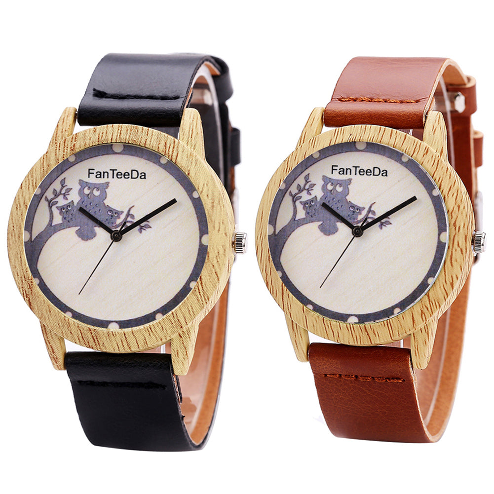 Women's Cute Cartoon Owl Branch Wood Grain Case Faux Leather Quartz Wrist Watch