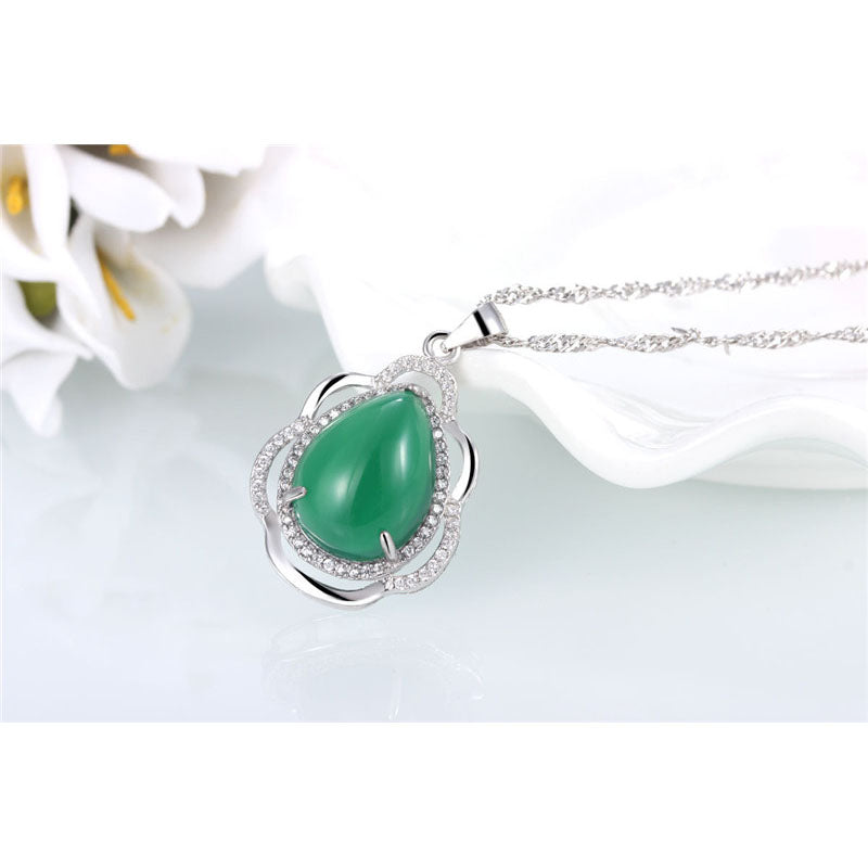 DZ07 Natural Chrysoprase Pendant 925 Sterling Silver Zircon Flower Shape Frame Fashion Grace Women’s Jewelry