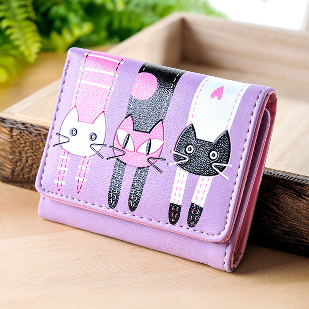 Women's Lovely Cartoon Cat Pattern Coin Purse Card Holder Trifold Short Wallet