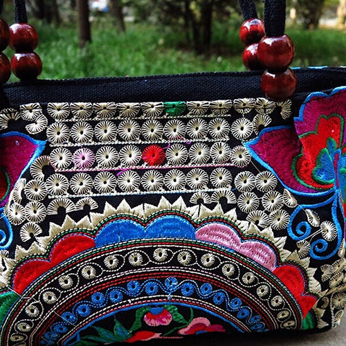 Double-Sided Canvas Flower Print Embroidery Ethnic Style Retro Handbag Small Bag