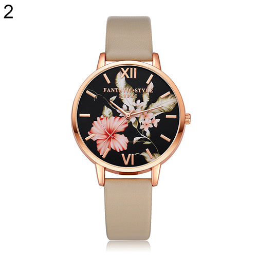 Lady Fashion Flower Dial Faux Leather Band Quartz Wrist Watch Student Wristwatch