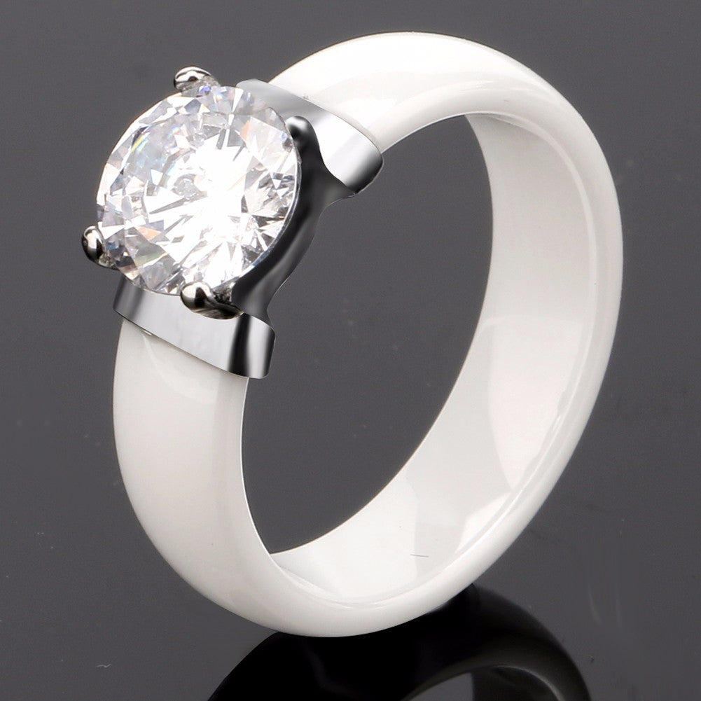 6mm White Black Ceramic Rings Plus Big Cubic Zirconia For Women Stainless Steel Women Wedding Ring Engagement Jewelry Never Fade