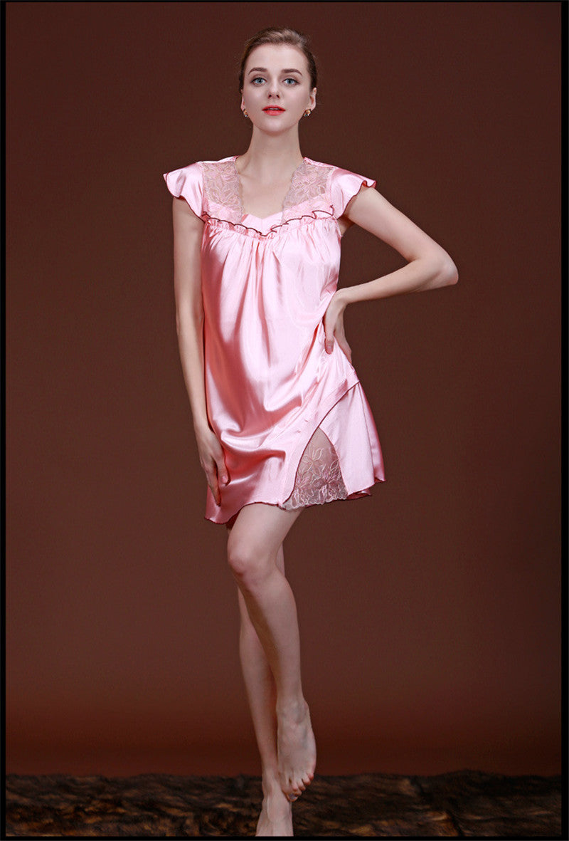 woman sleepwear satin nightgowns sleepshirts sexy lingerie for women short sleeve v neck SJYT103