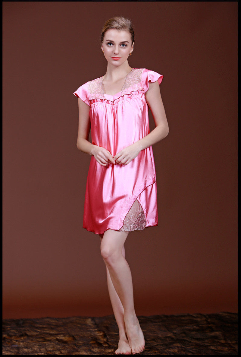 woman sleepwear satin nightgowns sleepshirts sexy lingerie for women short sleeve v neck SJYT103