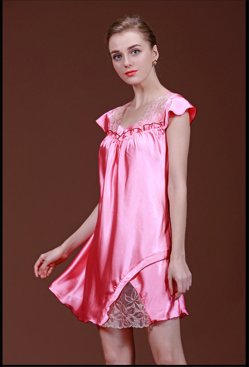 woman sleepwear satin nightgowns sleepshirts sexy lingerie for women short sleeve v neck SJYT103