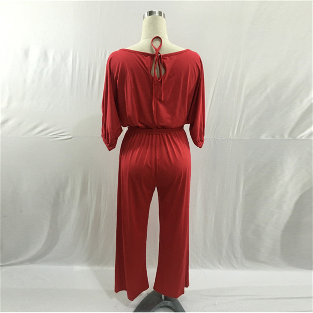 With Belt Women Sexy Plus Size Off Shoulder Slash Neck Jumpsuits