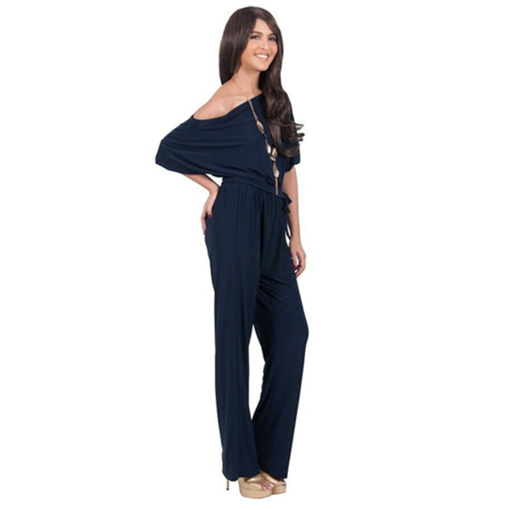 With Belt Women Sexy Plus Size Off Shoulder Slash Neck Jumpsuits