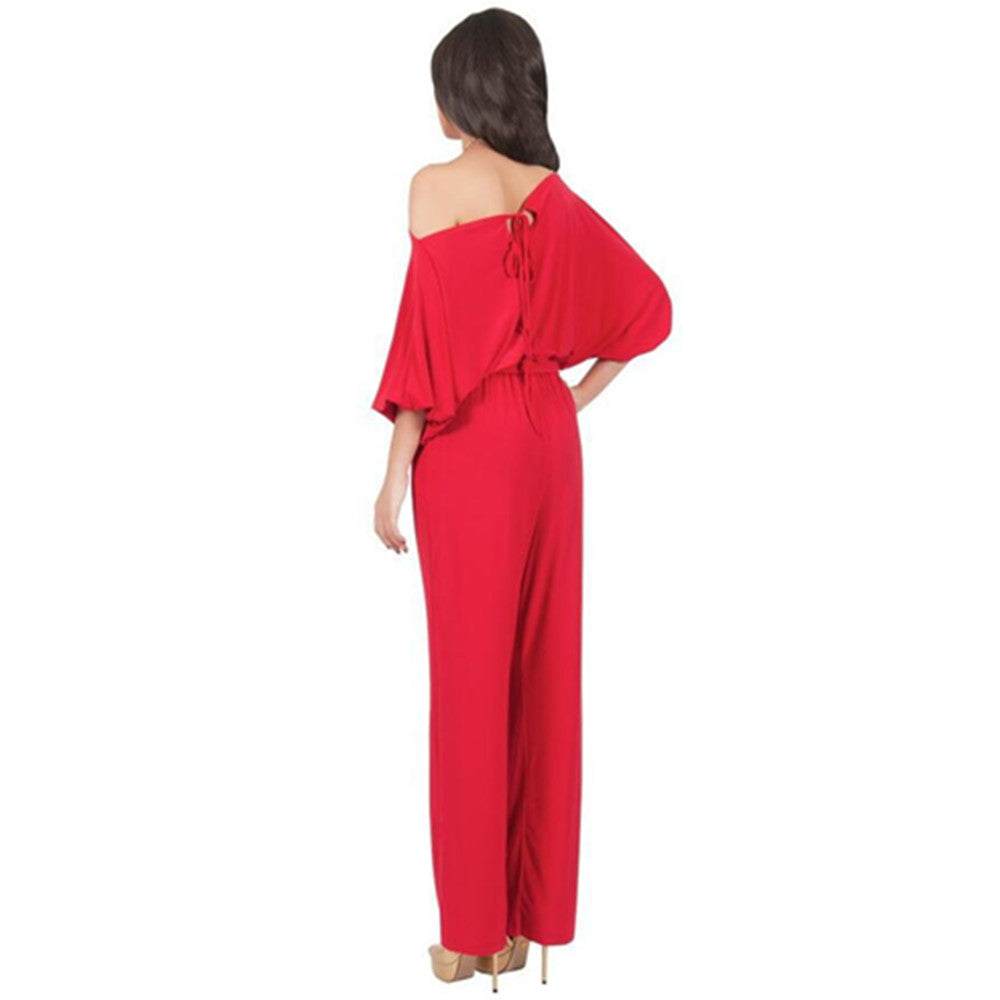 With Belt Women Sexy Plus Size Off Shoulder Slash Neck Jumpsuits