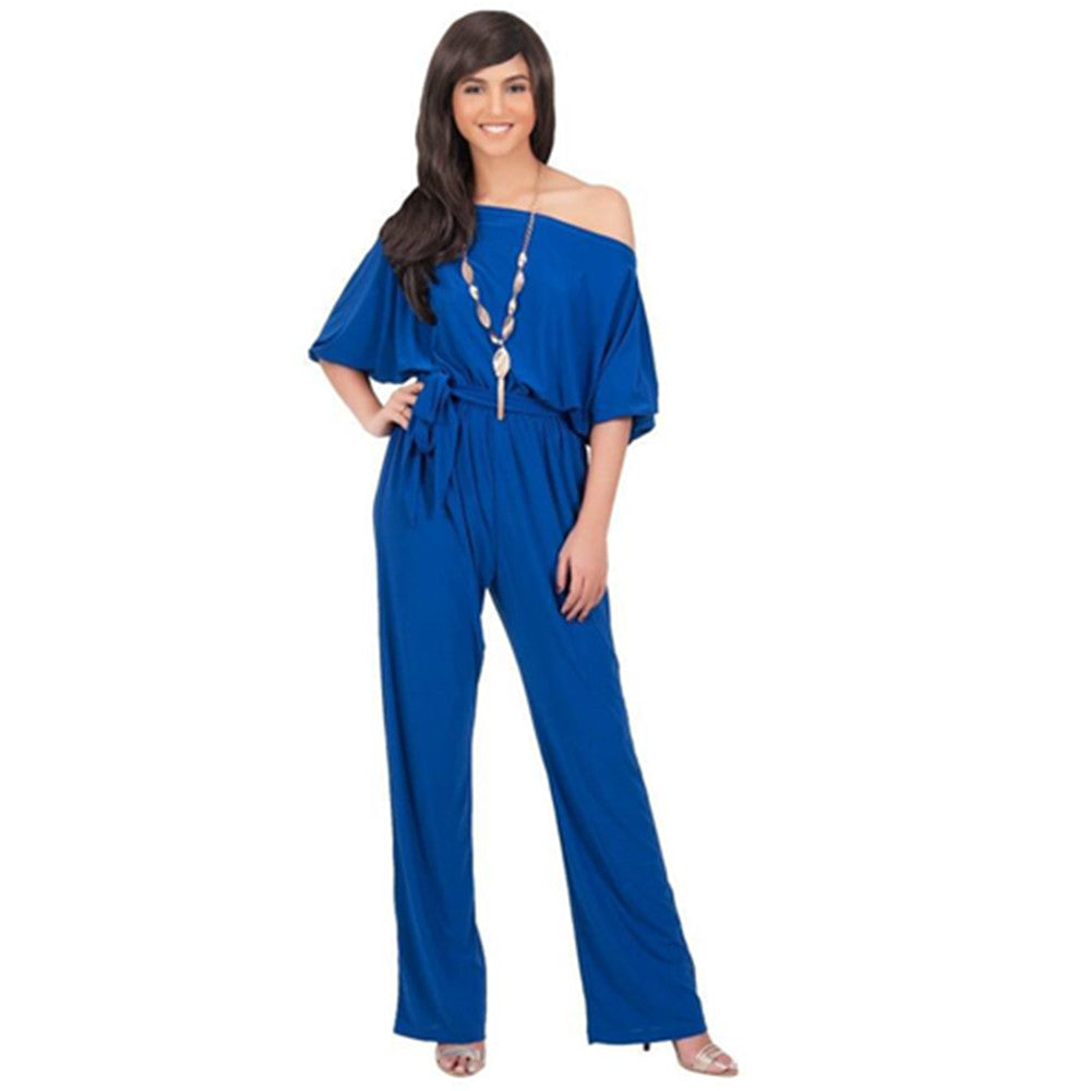 With Belt Women Sexy Plus Size Off Shoulder Slash Neck Jumpsuits