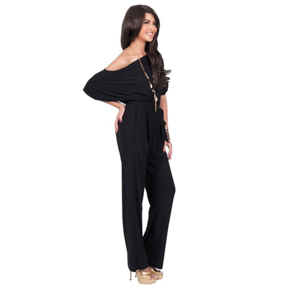 With Belt Women Sexy Plus Size Off Shoulder Slash Neck Jumpsuits