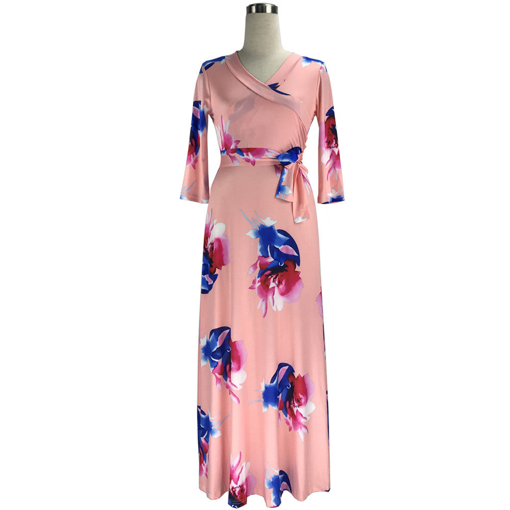 Floral Print Elastic Long Maxi Dresses Women's Sexy Three-quarter Sleeve V-Neck Casual Dress With Bowknot Belt