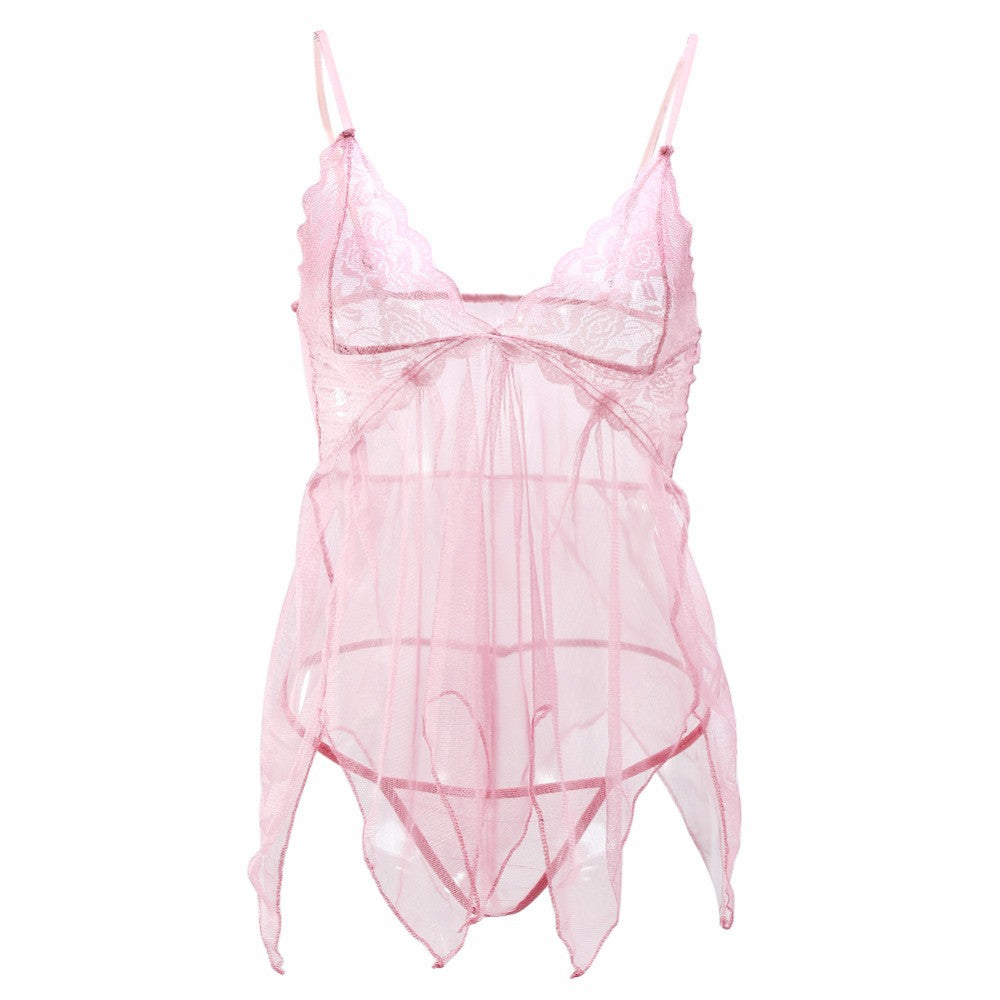 Women Erotic Lace Transparent Nightgown Pink Temptation Sexy Lingerie
