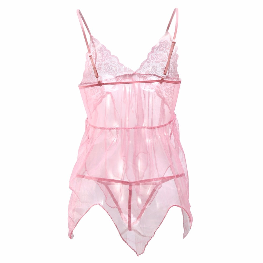 Women Erotic Lace Transparent Nightgown Pink Temptation Sexy Lingerie