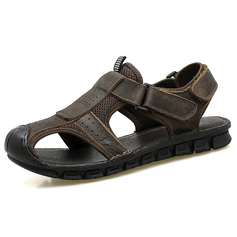 Men's Casual Sandal Leather Cowskin Genuine Loafers Beach Breathable Outdoor Shoes KHAKI BROWN