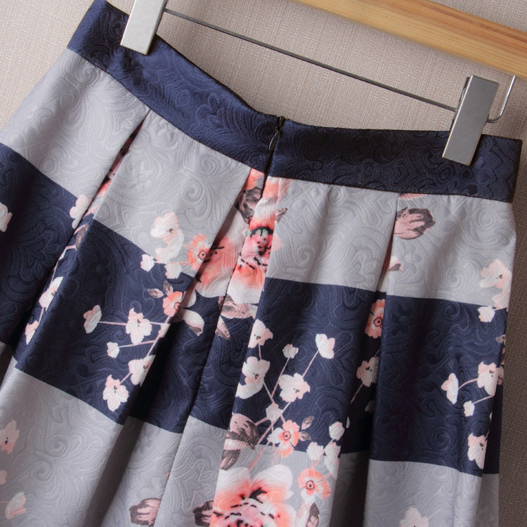 Winter Autumn Women Vintage Flower Print Ball Gown Pleated High Waist Tutu Midi Blue Skater Knee Length Skirts Spring