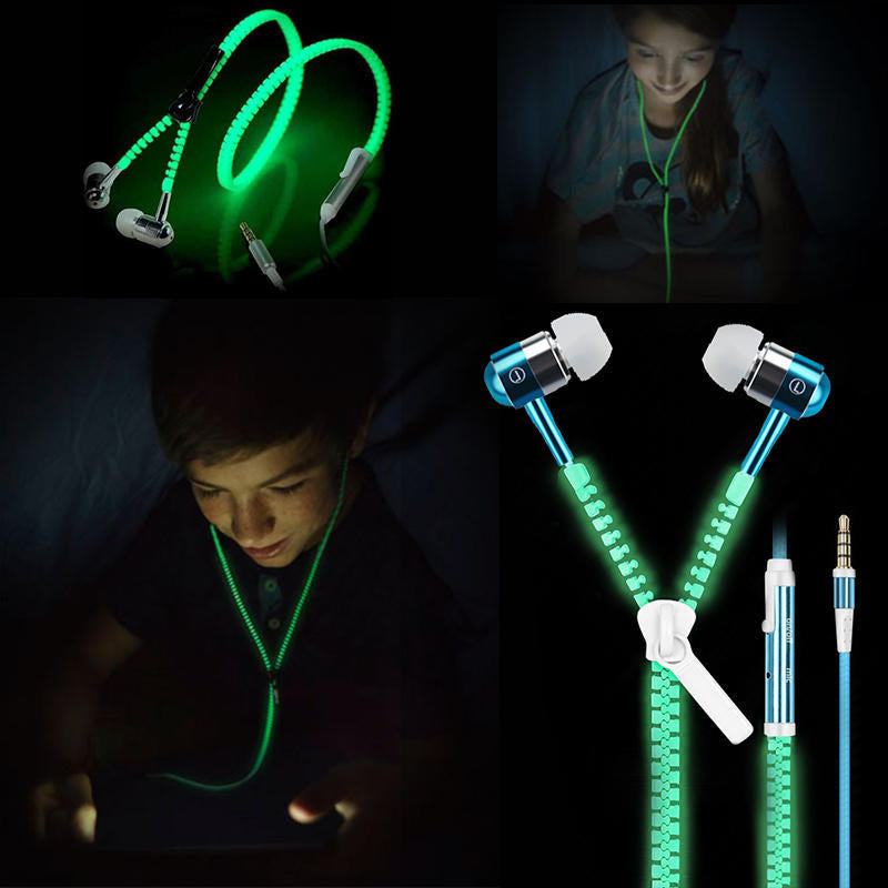 Headphone Zipper 3.5mm Jack LED Light In-Ear Earphone Headset Noise Cancelling