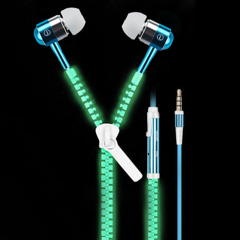 Headphone Zipper 3.5mm Jack LED Light In-Ear Earphone Headset Noise Cancelling