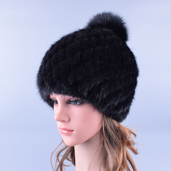 Mink Fur Hat Winter Women's Beanie Pompom Real Fur Caps ElasticHand knitting snow hats russian popular LQ11192