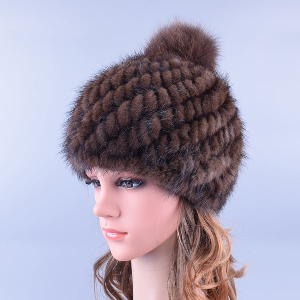 Mink Fur Hat Winter Women's Beanie Pompom Real Fur Caps ElasticHand knitting snow hats russian popular LQ11192