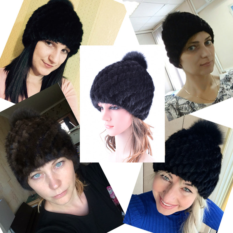 Mink Fur Hat Winter Women's Beanie Pompom Real Fur Caps ElasticHand knitting snow hats russian popular LQ11192
