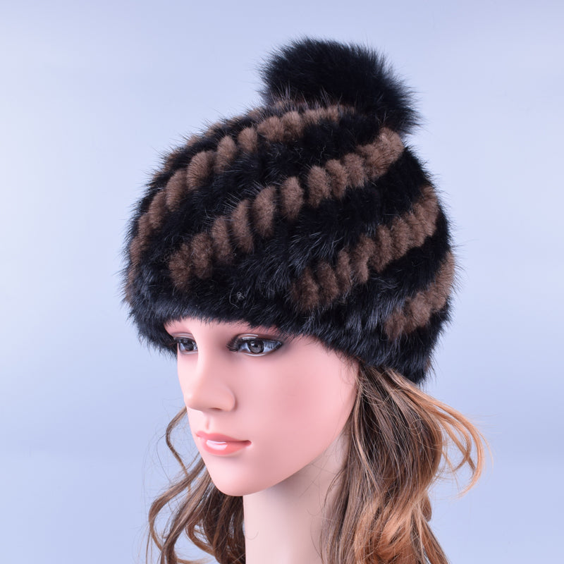 Mink Fur Hat Winter Women's Beanie Pompom Real Fur Caps ElasticHand knitting snow hats russian popular LQ11192