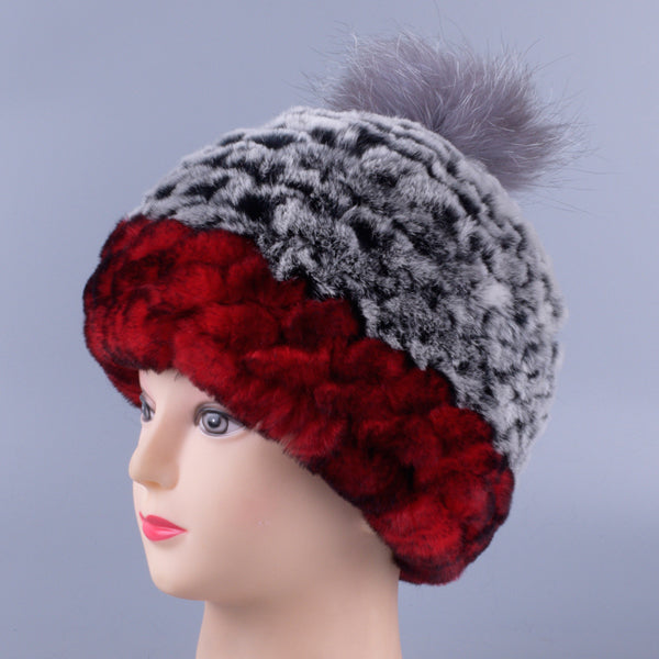 Girls Winter Hat Genuine Natural Real Rex Rabbit Fur Knit hat with fox fur ball Patchwork Lady Male Pompom Beanie Cap LQ11252