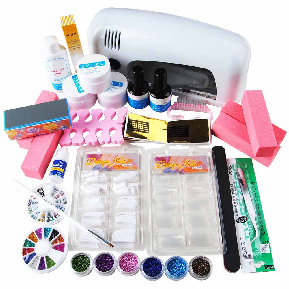 9W UV Gel Lamp Dryer Cuticle Revitalizer Oil Nail Art Tips Set