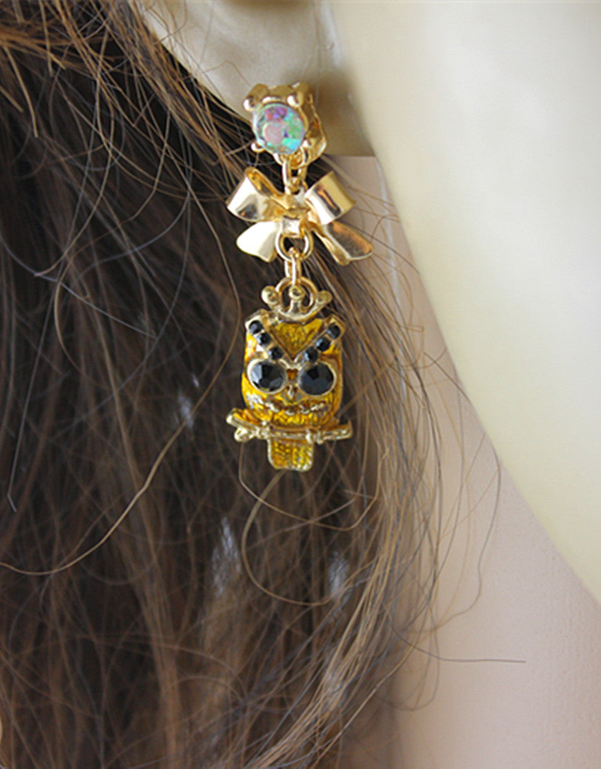 E-158 Yellow owl earrings