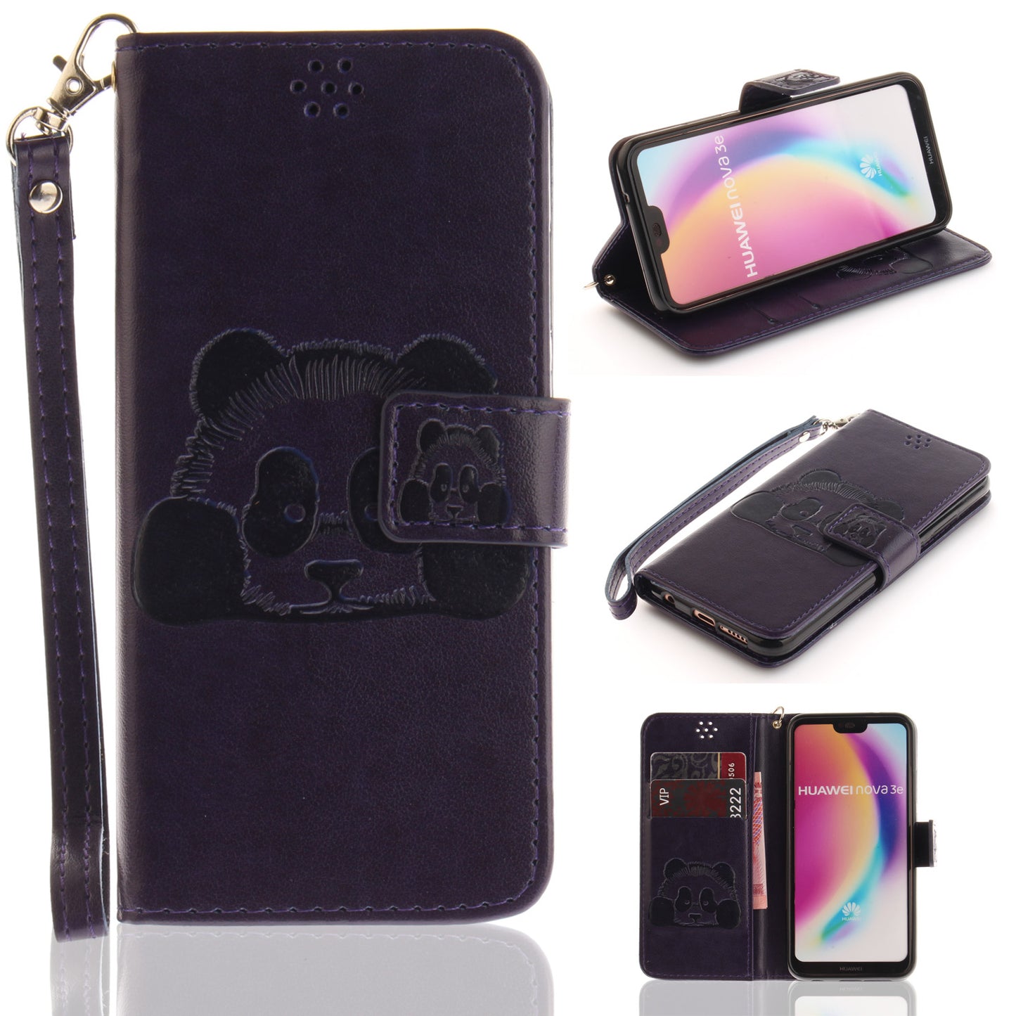 3D Embossing Panda Design For Huawei P20 Lite PU Leather Wallet Flip Cover Stand Card Slot Soft With Strap
