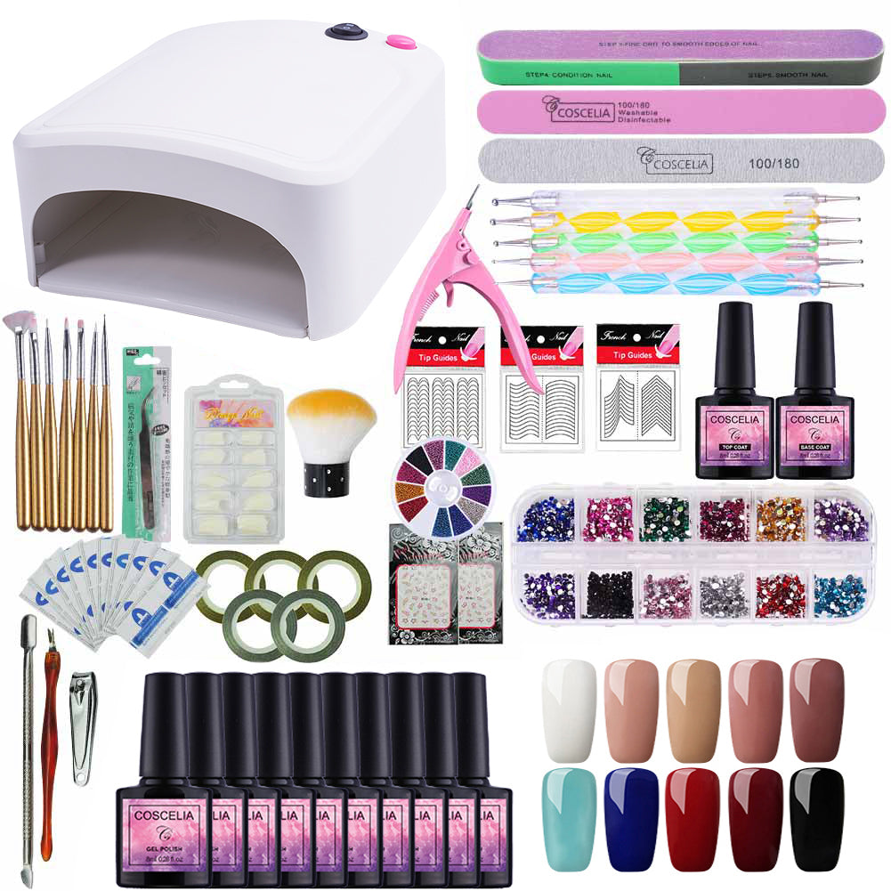 36W LED Nail Lamp 8ML Nail Polish Kit 10 Color Semi Permanent Soak Off Gel Nail Manicure Set
