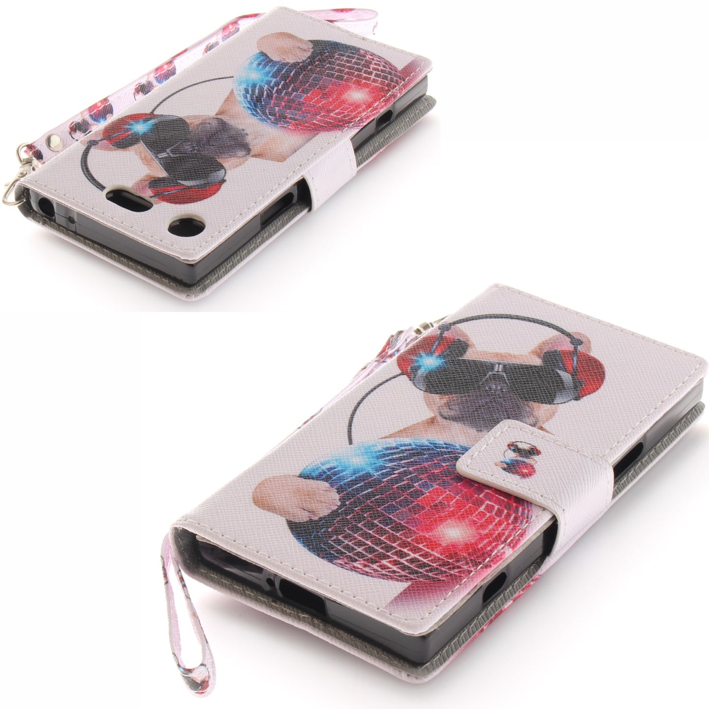 For Sony Xperia XZ1 Compact Pattern Printed Flip Magnetic Wallet Card Slot Soft Protective Cover With Hand Strap