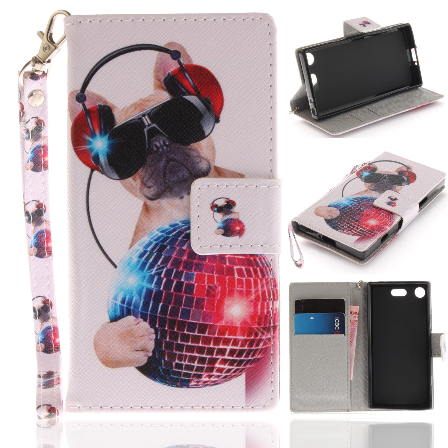 For Sony Xperia XZ1 Compact Pattern Printed Flip Magnetic Wallet Card Slot Soft Protective Cover With Hand Strap