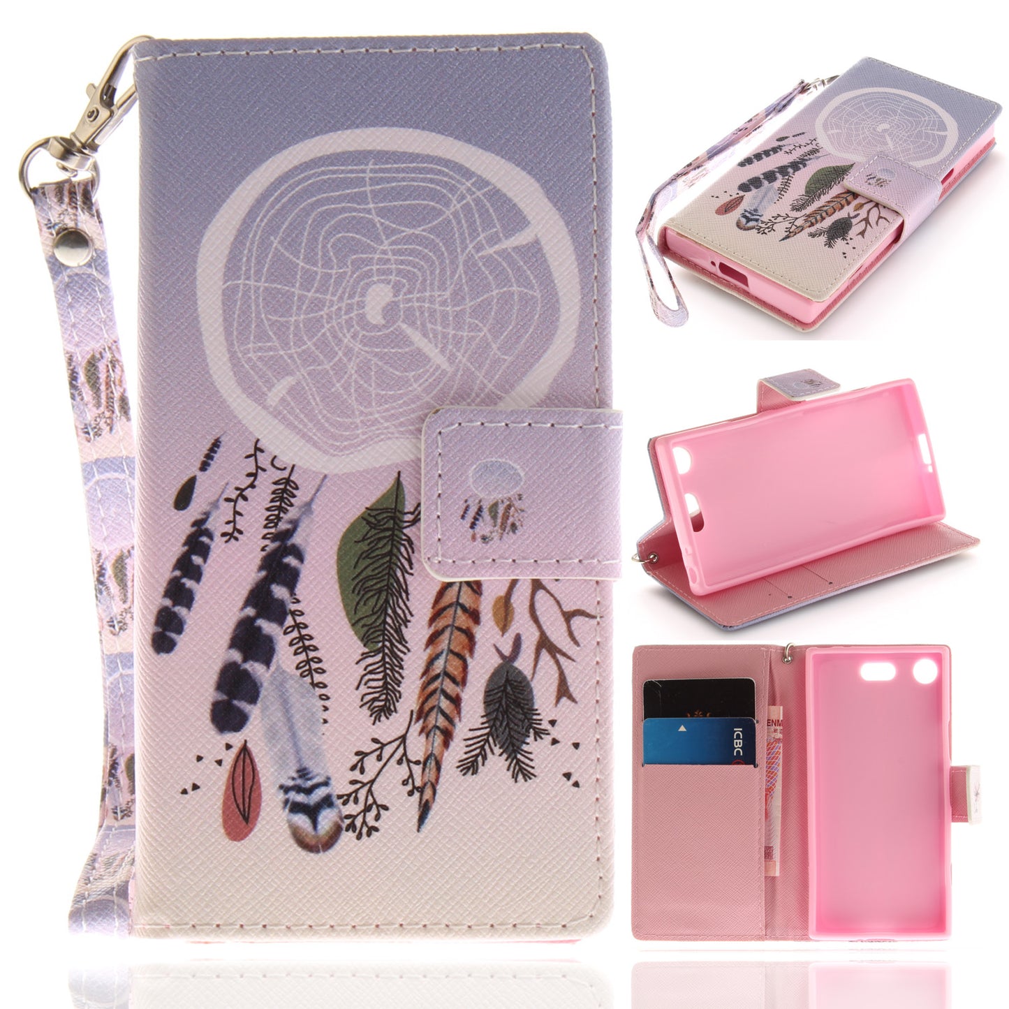 For Sony Xperia XZ1 Compact Pattern Printed Flip Magnetic Wallet Card Slot Soft Protective Cover With Hand Strap