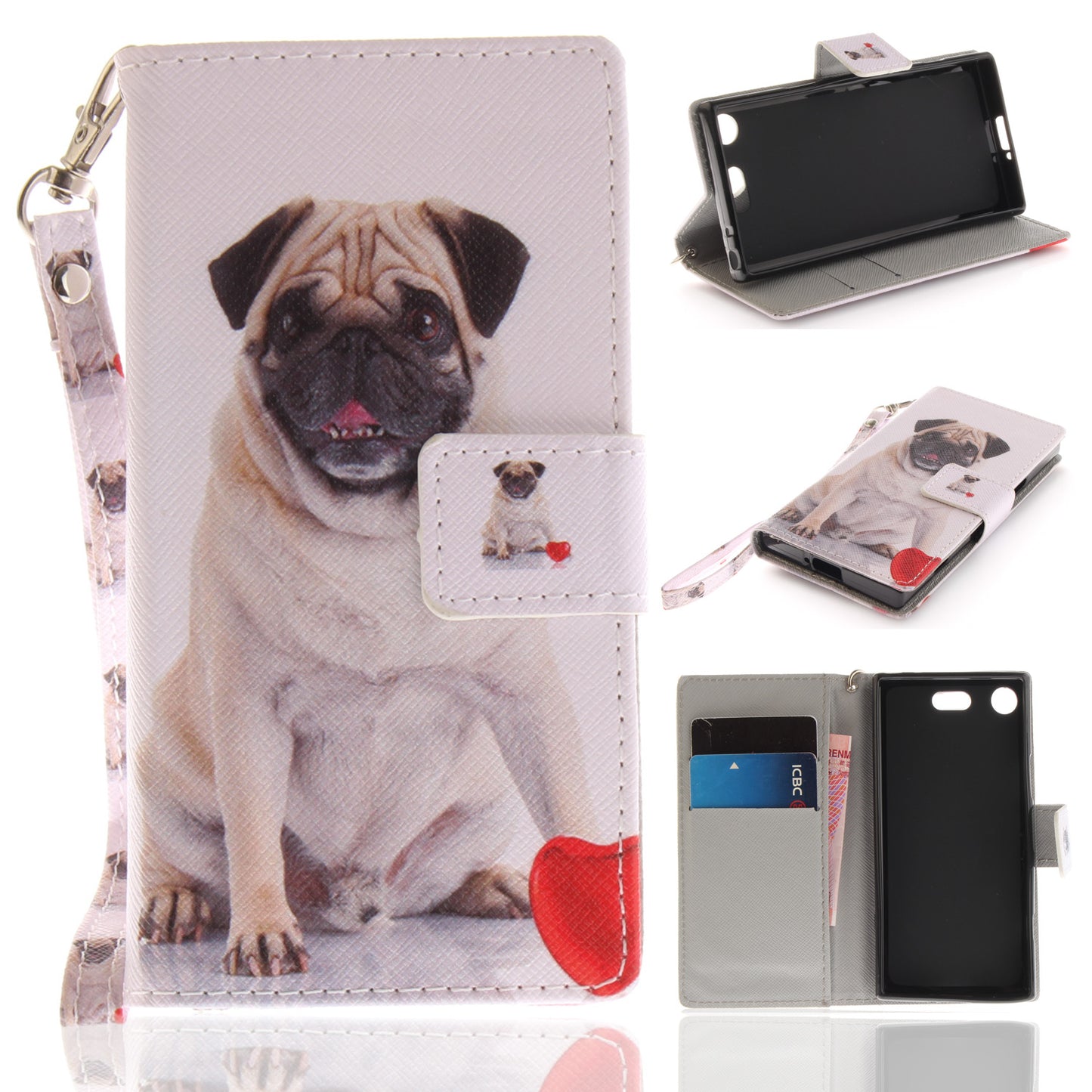 For Sony Xperia XZ1 Compact Pattern Printed Flip Magnetic Wallet Card Slot Soft Protective Cover With Hand Strap