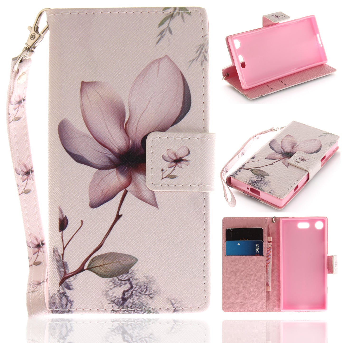 For Sony Xperia XZ1 Compact Pattern Printed Flip Magnetic Wallet Card Slot Soft Protective Cover With Hand Strap