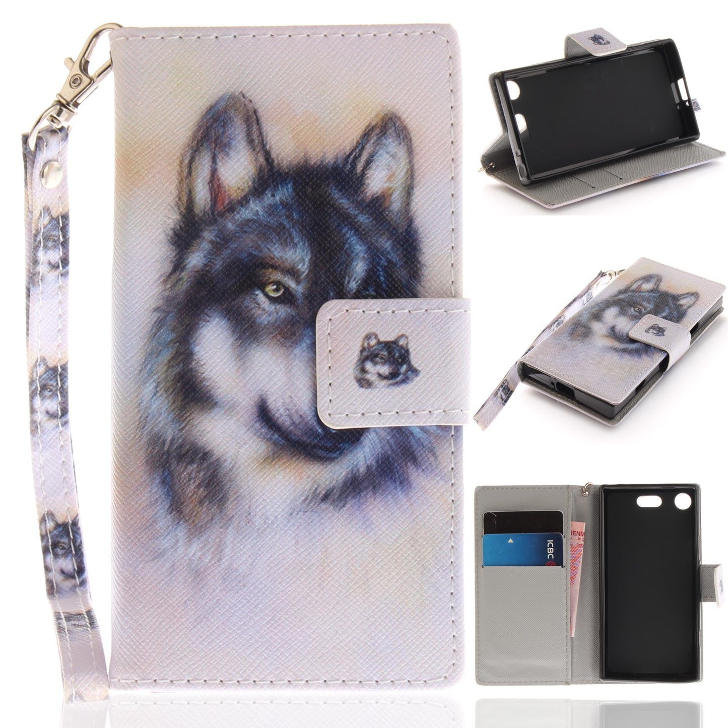 For Sony Xperia XZ1 Compact Pattern Printed Flip Magnetic Wallet Card Slot Soft Protective Cover With Hand Strap