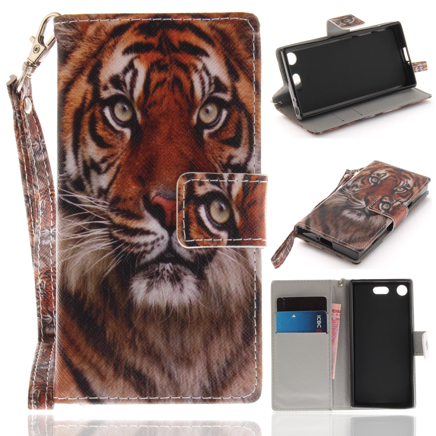 For Sony Xperia XZ1 Compact Pattern Printed Flip Magnetic Wallet Card Slot Soft Protective Cover With Hand Strap