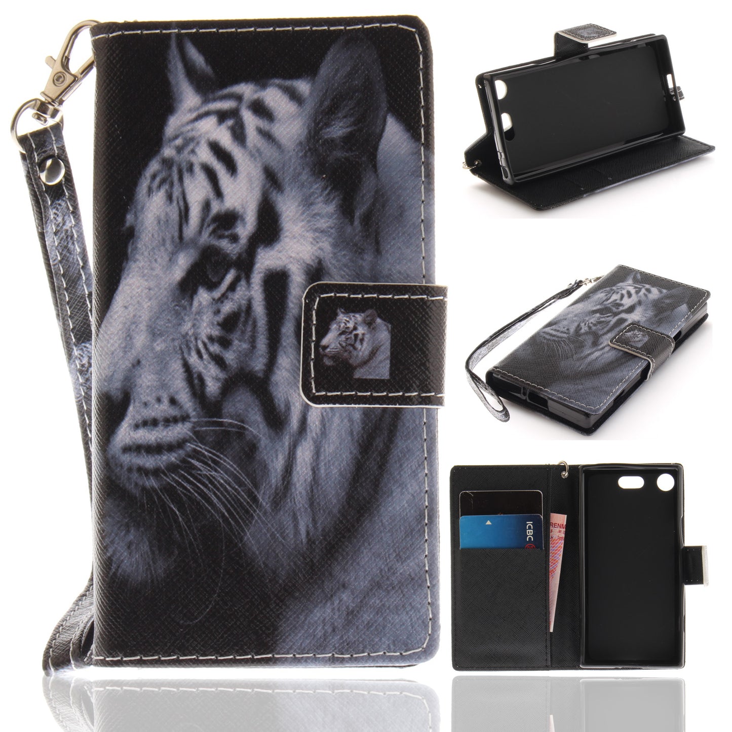 For Sony Xperia XZ1 Compact Pattern Printed Flip Magnetic Wallet Card Slot Soft Protective Cover With Hand Strap