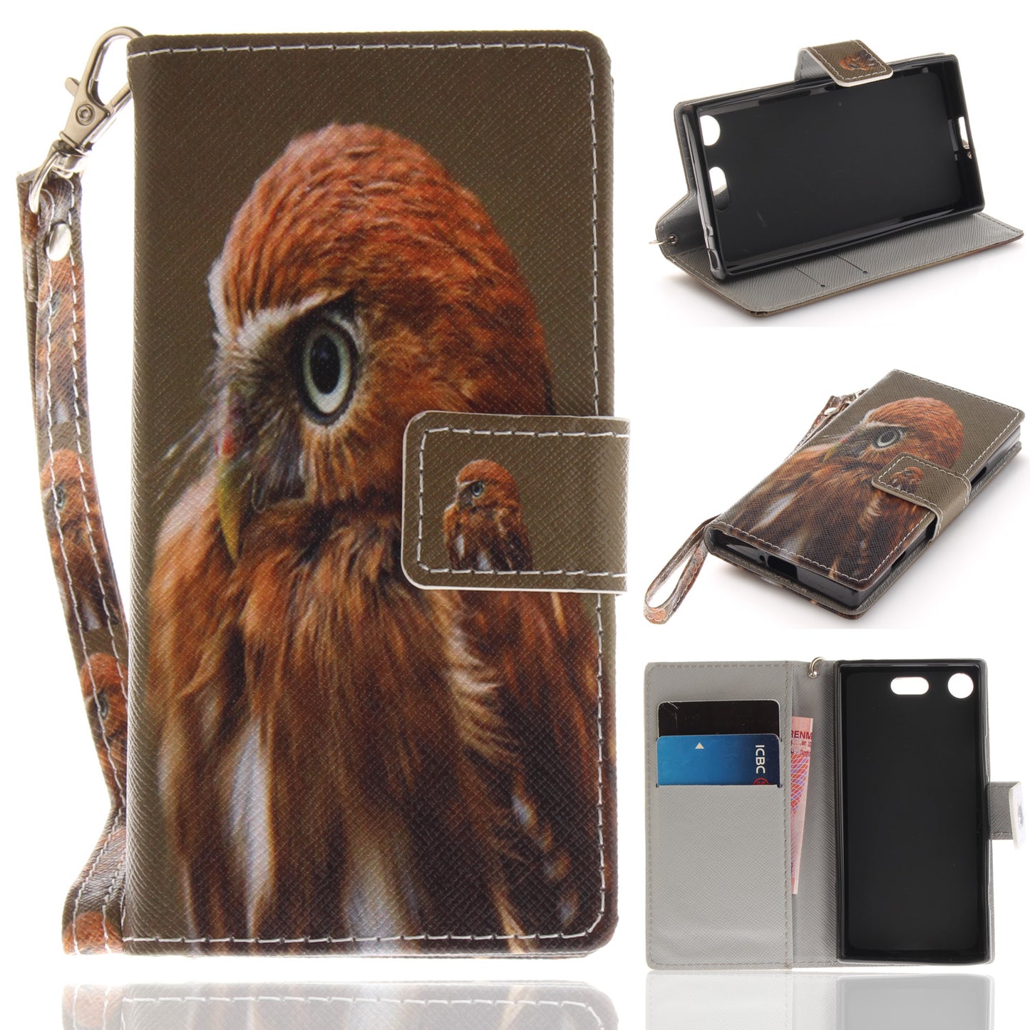 For Sony Xperia XZ1 Compact Pattern Printed Flip Magnetic Wallet Card Slot Soft Protective Cover With Hand Strap